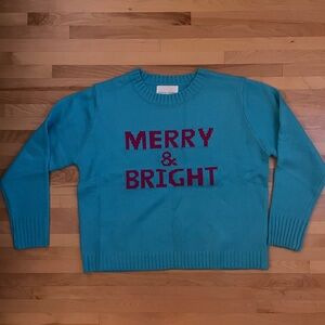 NWOT Panache Turquoise Blue Sweater with Pink Text Size Small